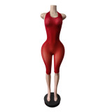 Women Halter Neck Stretch Sleeveless Knee-Length Jumpsuit