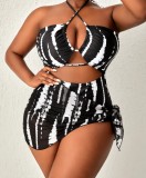 Plus Size Women Printed Backless Halter Neck One-Piece Swimsuit Two-Piece Set