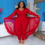 Plus Size Women Pocket Long Sleeve Patchwork Stretchy Jumpsuit