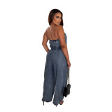 Women Strapless Off Shoulder Denim Wide-Leg Jumpsuit