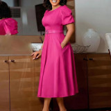 Women Elegant Round Neck Puff Sleeve Maxi Dress