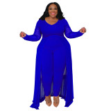 Plus Size Women Pocket Long Sleeve Patchwork Stretchy Jumpsuit