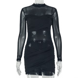 Women Sexy Bandeau Ruffled Mesh High Neck Long Sleeve Bodycon Dress
