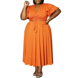 Plus Size Women Ruffle Sleeve Drawstring Pocket V-Neck Top and Skirt Two-Piece Set