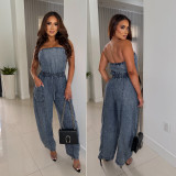 Women Strapless Off Shoulder Denim Wide-Leg Jumpsuit
