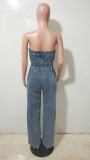Women Strapless Off Shoulder Denim Wide-Leg Jumpsuit