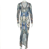 Women Color Block V-Neck Long Sleeve Metal Ring Bodycon Dress