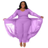 Plus Size Women Pocket Long Sleeve Patchwork Stretchy Jumpsuit