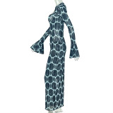Women Printed Regular Sexy Hollow-Out Long Sleeve Bodycon Dress