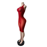 Women Halter Neck Stretch Sleeveless Knee-Length Jumpsuit