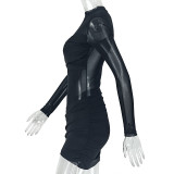 Women Sexy Bandeau Ruffled Mesh High Neck Long Sleeve Bodycon Dress