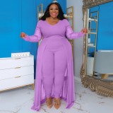Plus Size Women Pocket Long Sleeve Patchwork Stretchy Jumpsuit