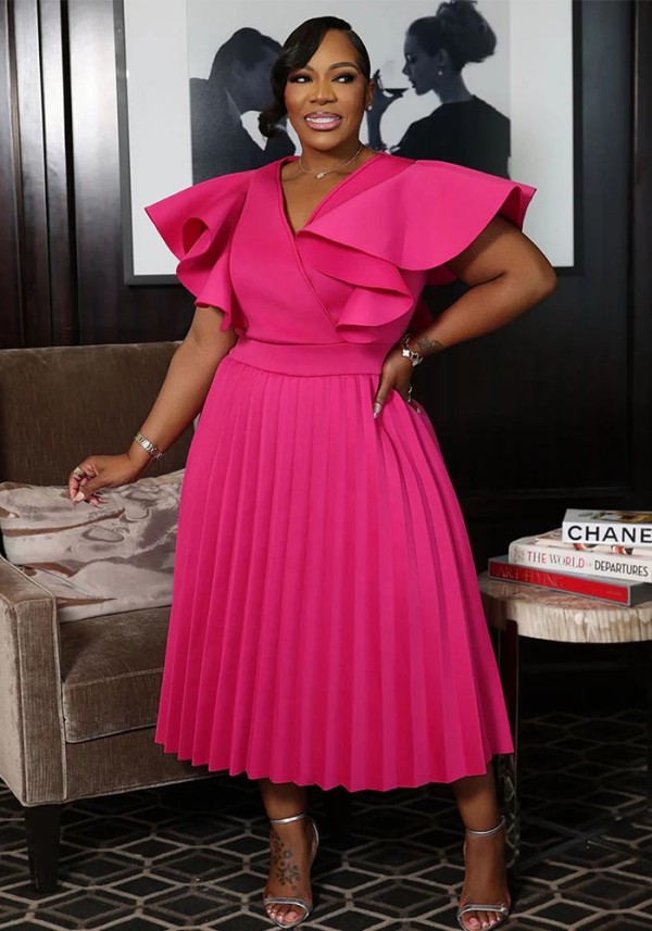 Plus Size Women Ruffle Pleated Dress