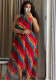 Women Pleated African Rainbow Striped Holidays Casual Sleeveless Dress