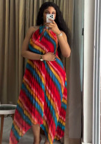 Women Pleated African Rainbow Striped Holidays Casual Sleeveless Dress Women Pleated African Rainbow Striped Holidays Casual Sleeveless Dress