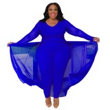 Plus Size Women Pocket Long Sleeve Patchwork Stretchy Jumpsuit