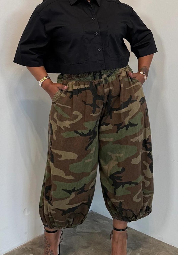 Plus Size Women Camouflage Pocket Lantern Jogger Pants