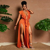 Plus Size Women Summer Sexy Ruffle Wide-Leg Slit Jumpsuit