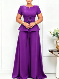 Plus Size Women Summer Elegant Short-Sleeve Ruffle Top and Wide-Leg Pants Two-Piece Set
