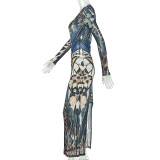Women Color Block V-Neck Long Sleeve Metal Ring Bodycon Dress