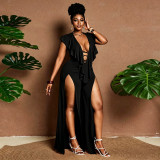 Plus Size Women Summer Sexy Ruffle Wide-Leg Slit Jumpsuit