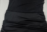 Women Sexy Bandeau Ruffled Mesh High Neck Long Sleeve Bodycon Dress