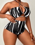 Plus Size Women Printed Backless Halter Neck One-Piece Swimsuit Two-Piece Set