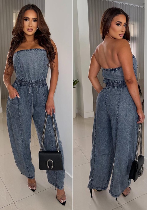 Women Strapless Off Shoulder Denim Wide-Leg Jumpsuit