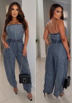 Women Strapless Off Shoulder Denim Wide-Leg Jumpsuit Women Strapless Off Shoulder Denim Wide-Leg Jumpsuit