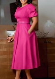 Women Elegant Round Neck Puff Sleeve Maxi Dress