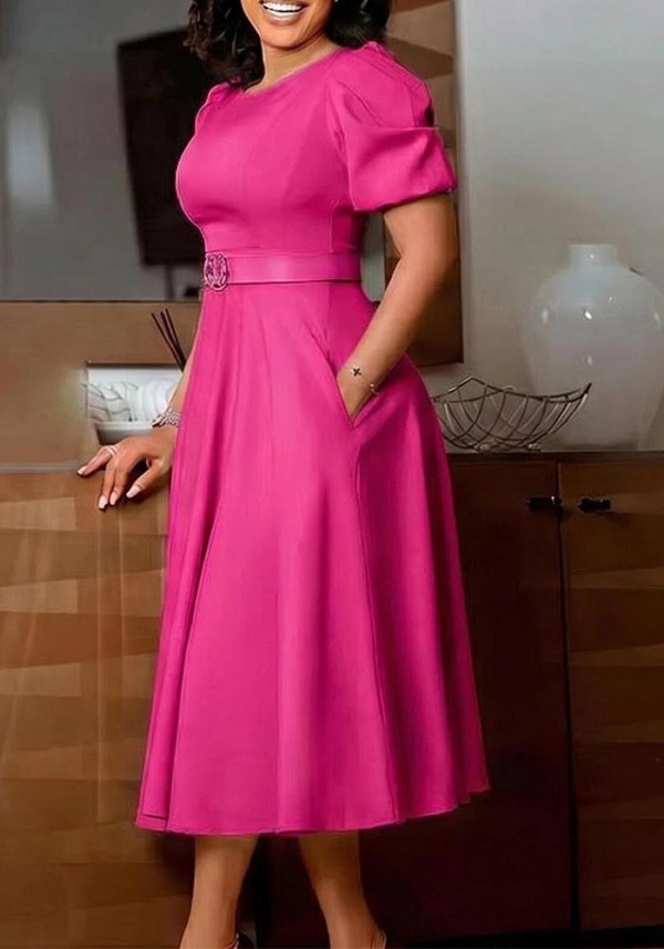 Women Elegant Round Neck Puff Sleeve Maxi Dress