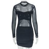 Women Sexy Bandeau Ruffled Mesh High Neck Long Sleeve Bodycon Dress