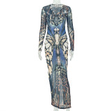 Women Color Block V-Neck Long Sleeve Metal Ring Bodycon Dress