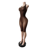 Women Halter Neck Stretch Sleeveless Knee-Length Jumpsuit