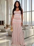Women Summer African Elegant Striped Color Block Strap Dress