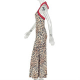 Women Leopard Print Patchwork Halter Neck Sleeveless Bodycon Dress
