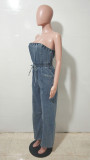 Women Strapless Off Shoulder Denim Wide-Leg Jumpsuit