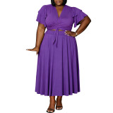 Plus Size Women Ruffle Sleeve Drawstring Pocket V-Neck Top and Skirt Two-Piece Set