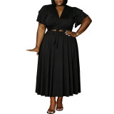 Plus Size Women Ruffle Sleeve Drawstring Pocket V-Neck Top and Skirt Two-Piece Set