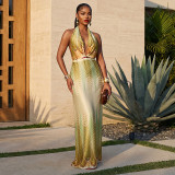 Women Gradient Backless Halter Neck Sleeveless Bodycon Dress