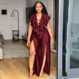 Plus Size Women Summer Sexy Ruffle Wide-Leg Slit Jumpsuit