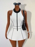 Women Zipper Color Block Sleeveless Half-High Neck Casual Dress