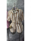 Women Spring/Summer African Short-Sleeve Striped Top and Shorts Two-Piece Set