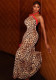Women Leopard Print Patchwork Halter Neck Sleeveless Bodycon Dress