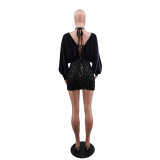 Women Sexy Sequin Patchwork V-Neck Bat Sleeves Bodycon Dress