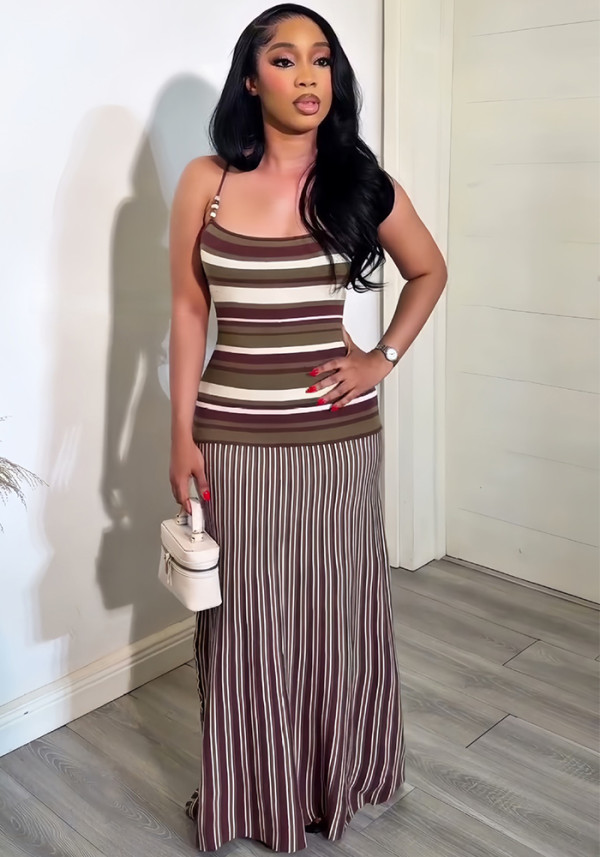 Women Summer African Elegant Striped Color Block Strap Dress