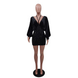 Women Sexy Sequin Patchwork V-Neck Bat Sleeves Bodycon Dress