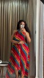 Women Pleated African Rainbow Striped Holidays Casual Sleeveless Dress
