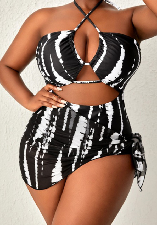 Plus Size Women Printed Backless Halter Neck One-Piece Swimsuit Two-Piece Set
