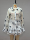 Women Summer African Elegance Lantern Sleeve Ruffle Shirt and Skirt Two-Piece Set